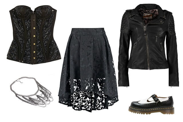 Stylizacja w stylu gotyckim z gorsetem, spódnicą koronkową, kolią i martensami